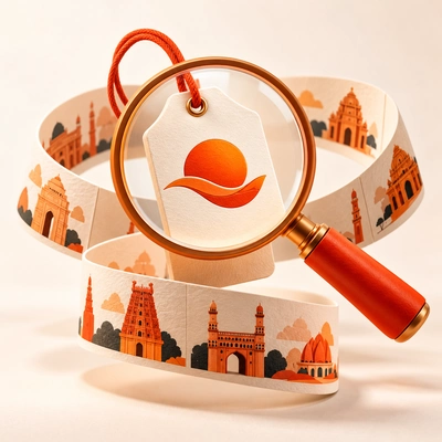 A magnifying glass inspecting a brand tag surrounded by regional architectural silhouettes.