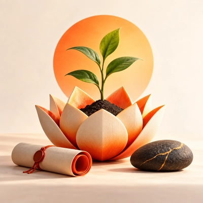 A young plant growing from an open lotus beside a scroll and stone.