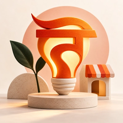 A Devanagari-inspired lightbulb form beside a leaf and small storefront.