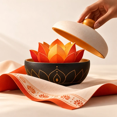 A carefully lifted cover revealing a lotus within a patterned ceremonial bowl.