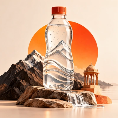 A water bottle standing above a rocky landscape with orange accents.