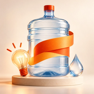 A large water jar wrapped in an orange ribbon beside a lightbulb and droplet.