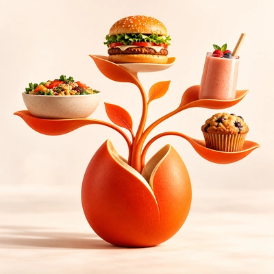 A branching food assortment growing from an orange seed-shaped base.