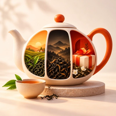 A divided teapot showing tea fields, loose leaves and a gifting scene.
