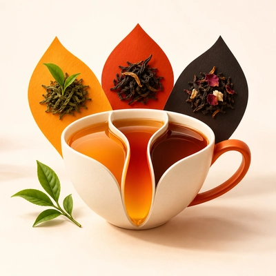 A divided tea cup beneath three contrasting tea-leaf forms.