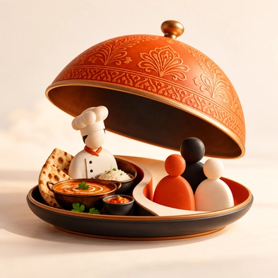 A decorative serving cover revealing food, a chef and guest figures.