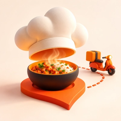 A chef's hat above a meal bowl with a delivery scooter in the background.