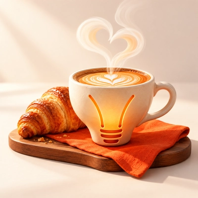 A coffee cup with a lightbulb motif beside a croissant on a wooden board.