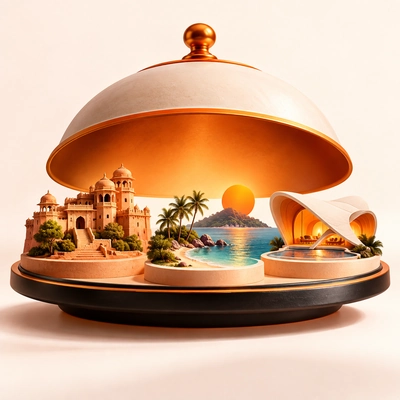 A serving cover revealing a hotel, beach resort and coastal landscape.
