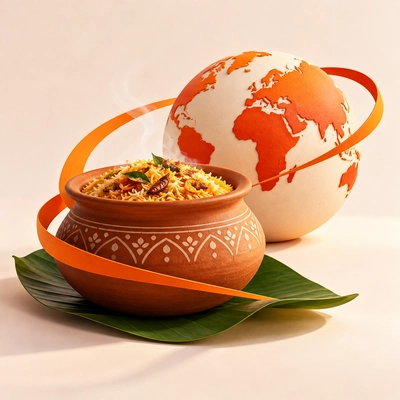A regional food bowl beside a globe encircled by an orange orbit.
