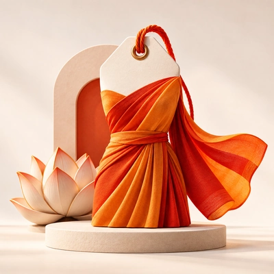 An orange dress flowing around a blank clothing tag.