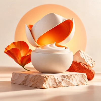 An open cosmetic jar with a sculptural orange ribbon and flower petals.