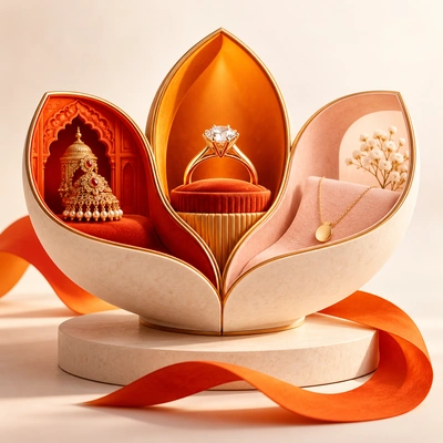 Three jewellery displays arranged within a petal-shaped showcase.