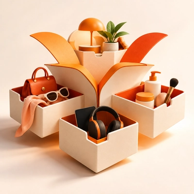 An expanding shopping box holding products from several retail categories.