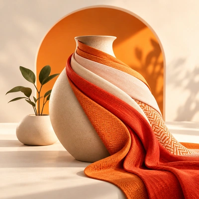 Textured orange fabric draped over a rounded ceramic vase.