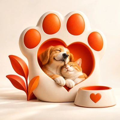 A dog and cat resting within a paw-shaped shelter beside a care bowl.