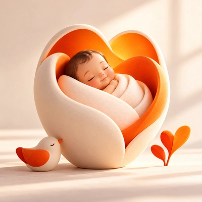 A sleeping baby cradled in a heart-shaped form beside a small toy bird.