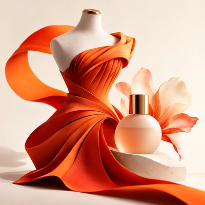 A fashion mannequin and cosmetic bottle connected by an orange ribbon.