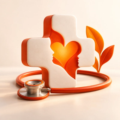 A healthcare cross containing two profiles and a heart beside a stethoscope.