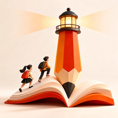 Children climbing an open book toward a lighthouse shaped like a pencil.