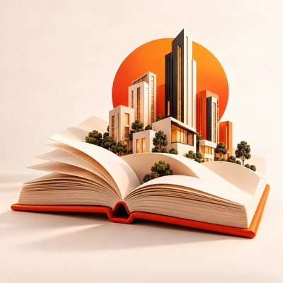 A city skyline emerging from an open book.