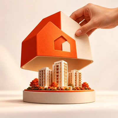 A hand placing a house-shaped cover above a residential development model.