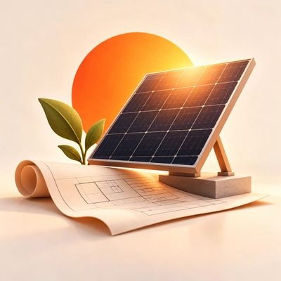 A solar panel and plant above an engineering drawing.