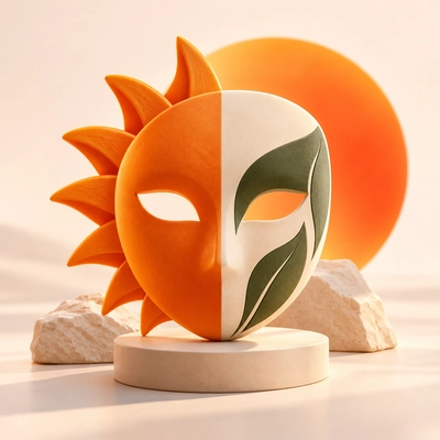 A two-part face combining a sun motif with a green-energy leaf.