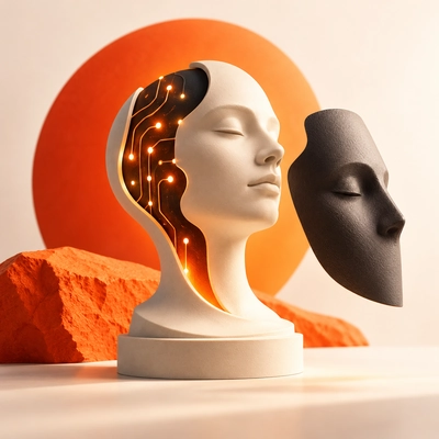 A human profile with illuminated circuits beside a separate charcoal mask.
