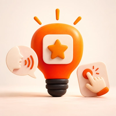 An app-like lightbulb symbol with speech and touch-interaction icons.