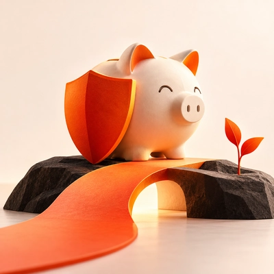 A piggy bank and protective shield above an orange bridge.