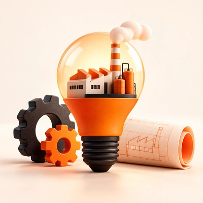 A miniature factory within a lightbulb beside a gear and technical drawing.
