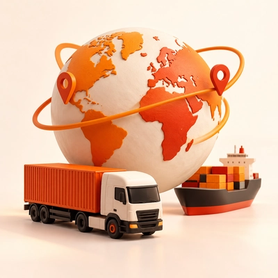 A truck and cargo ship below a globe with connected location markers.