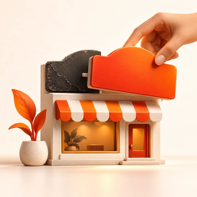 A hand replacing a storefront's old sign with a new orange sign.