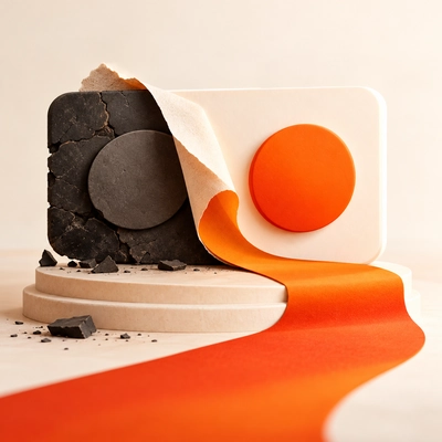 A fresh identity surface emerging from an older cracked charcoal block.