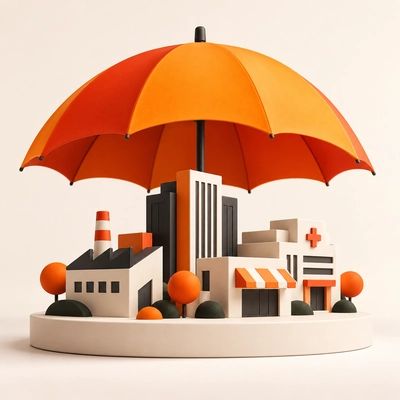 An umbrella covering several different business buildings.
