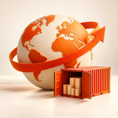 A globe with an outward arrow beside an open shipping container.