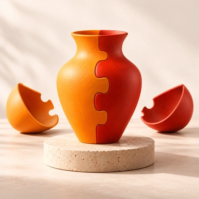 Two interlocking vessel halves forming one new orange shape.