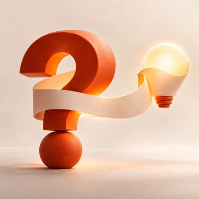 A ribbon linking a question mark to an illuminated idea.