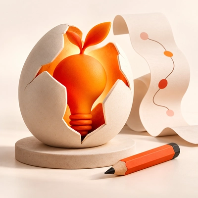 An idea lightbulb emerging from a shell beside a pencil and process diagram.