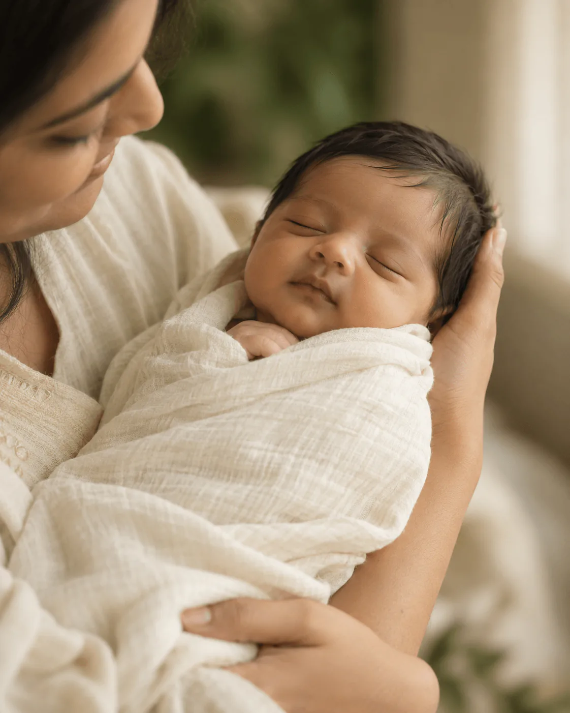 A sleeping newborn wrapped in ivory muslin, tenderly cradled by a parent